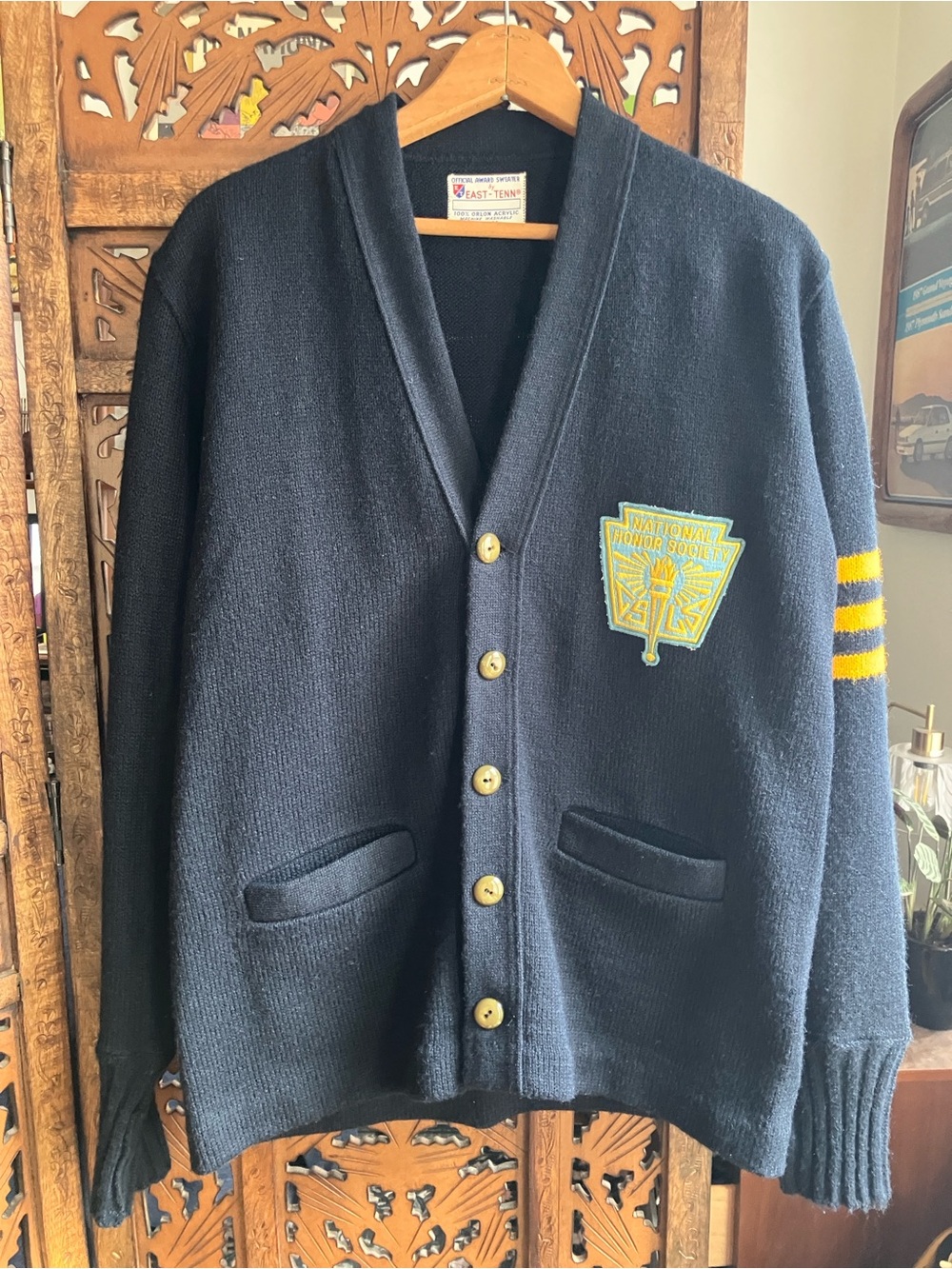 Vintage honors society varsity cardigan sweater, navy blue, gold arm bands